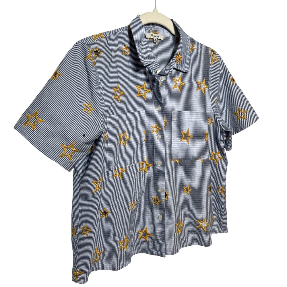 Madewell Womens Shirt Medium Striped Short Sleeve Star Embroidered Top